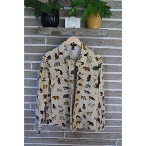 Forever 21 Mens Sz S Corduroy Shirt 2 Pockets Woodland Animals Beige Button Up